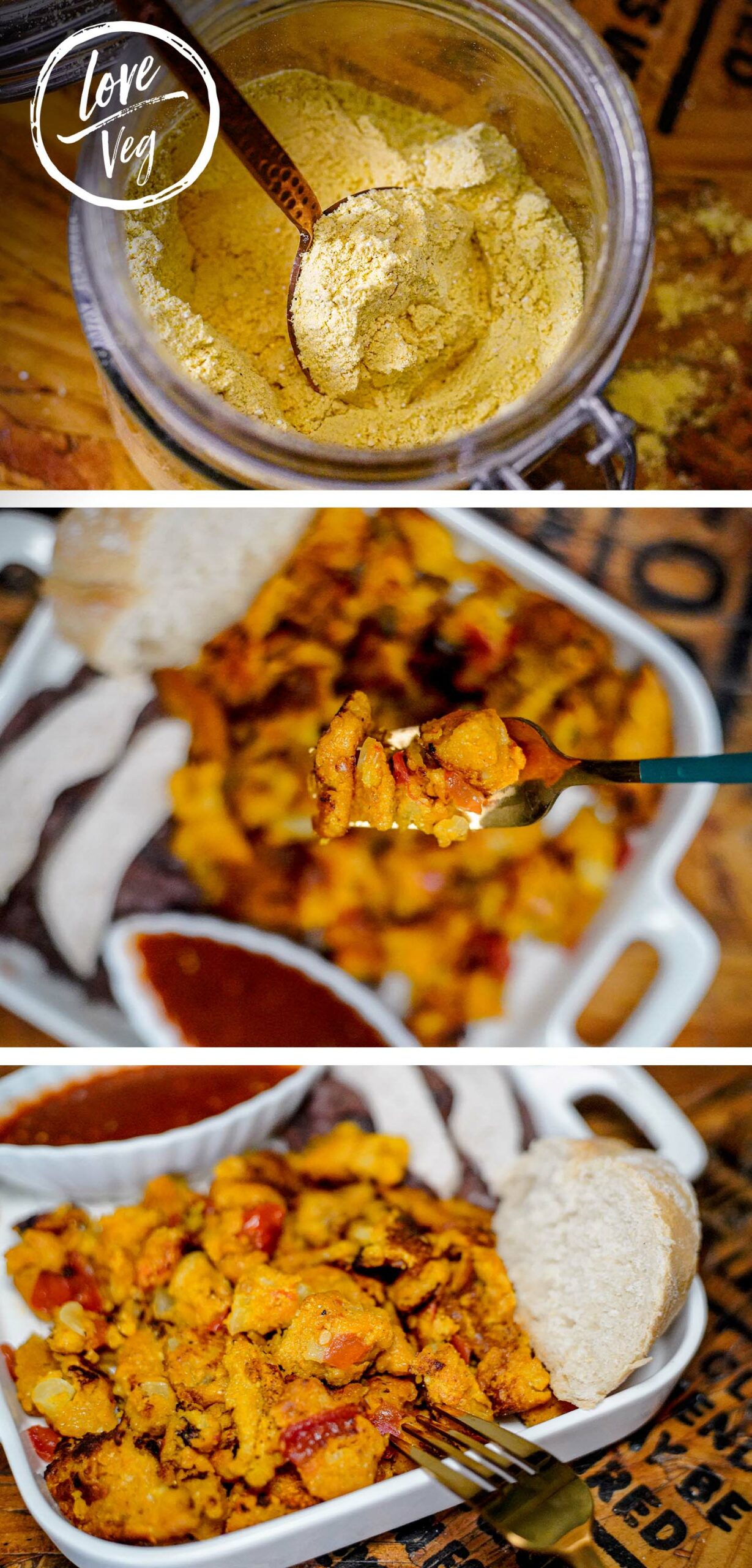 Huevo vegano cocido hecho con harina de garbanzo, cortado a la mitad y mostrando textura firme similar al huevo duro