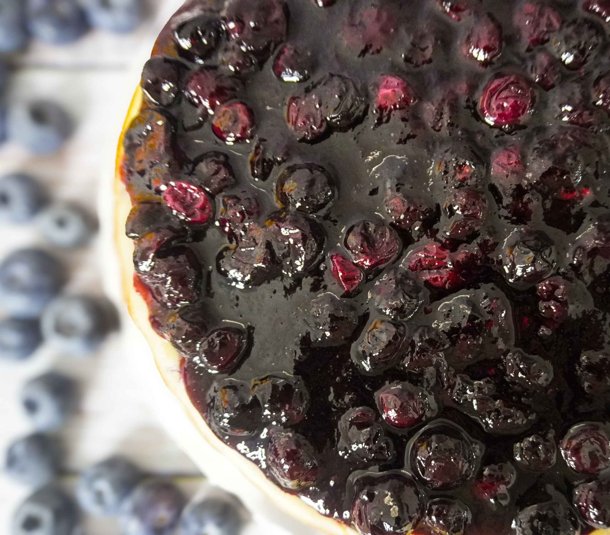 Cheesecake vegano con topping de arándanos frescos sobre una base crujiente, servido en un plato claro y decorado con frutos azules brillantes.